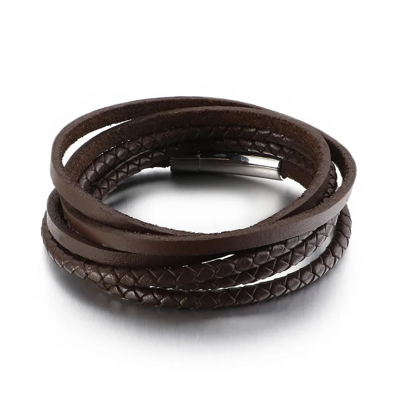 Hip-Hop Retro Geometric Stainless Steel Leather Braid Men's wristband