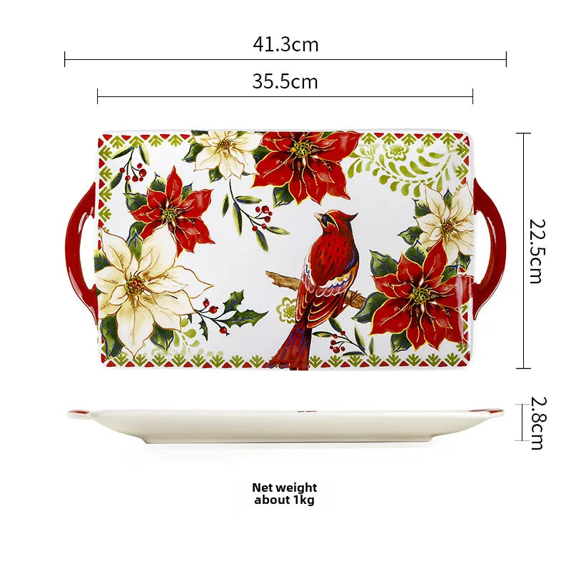 Style Plate Creative Christmas Red Bird Plate Hand-painted Flat Plate Distinctive Rectangular Tray Underglaze Color