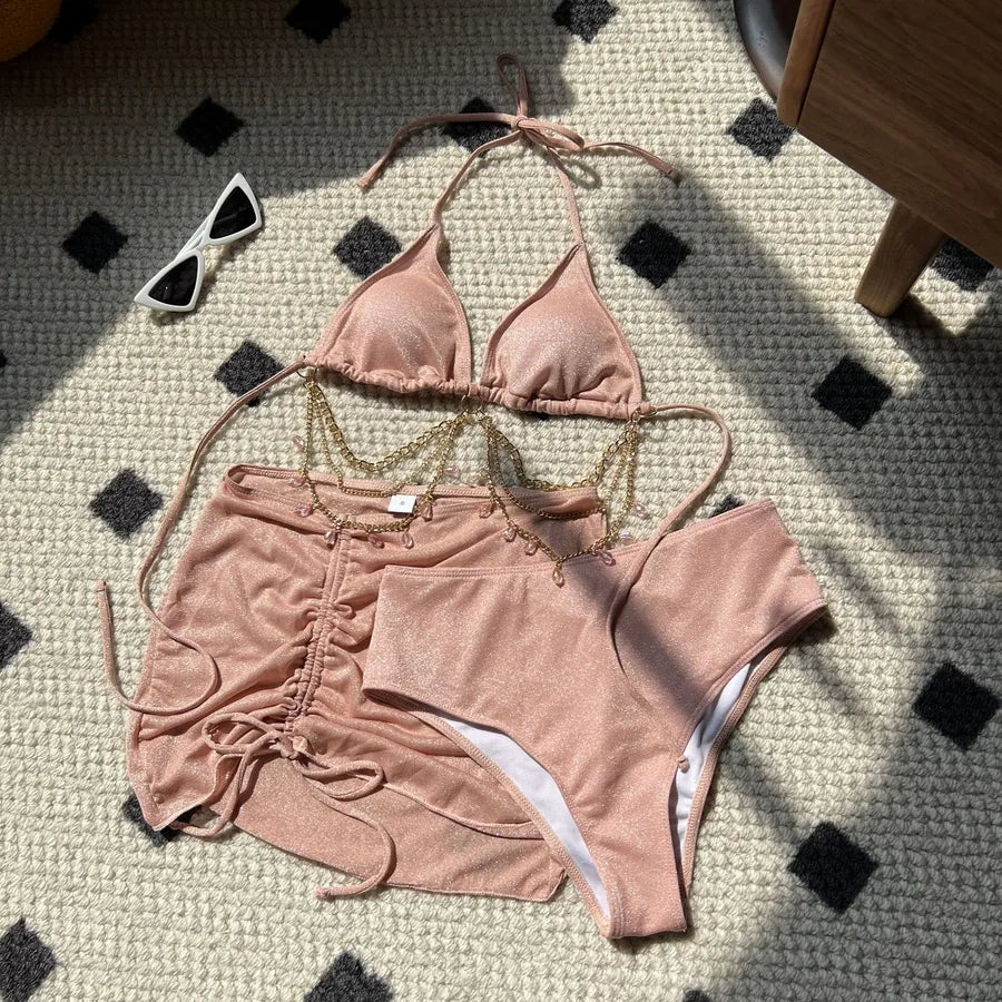 Women's Sexy Solid Color 3 Pieces Set Bikinis Swimwear