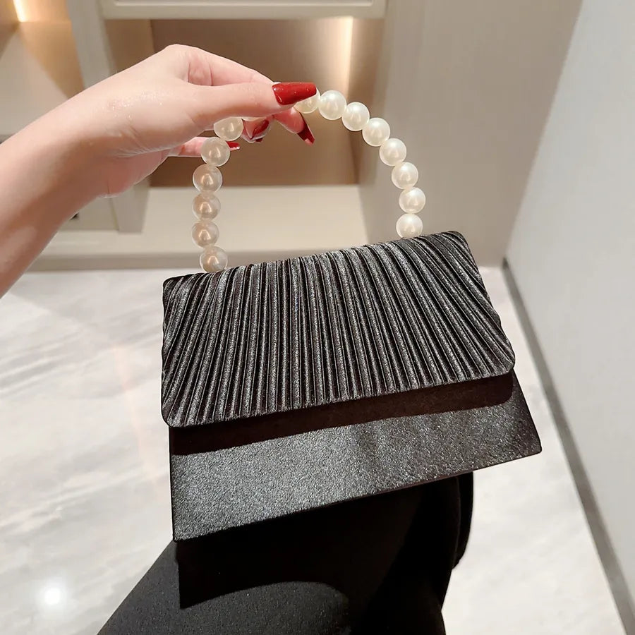 New satin evening bag pearl string handbag dress evening bag elegant pleated flap bag socialite small square bag