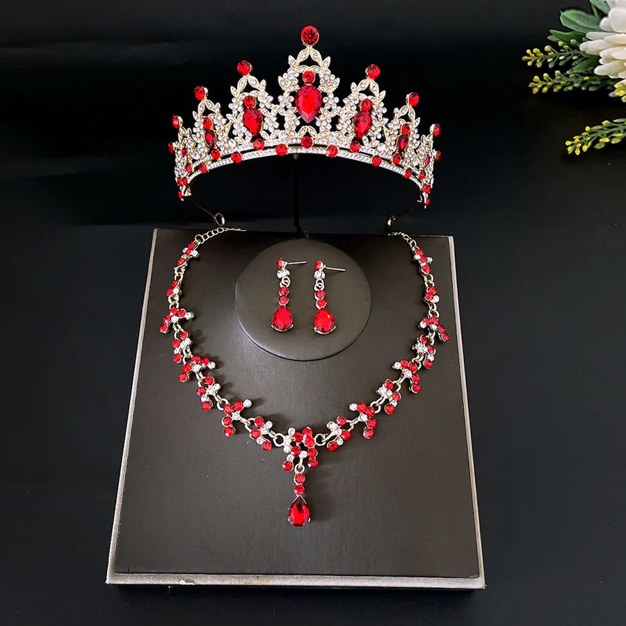 sweet water droplets heart shape alloy plating inlay rhinestones women's crown earrings necklace