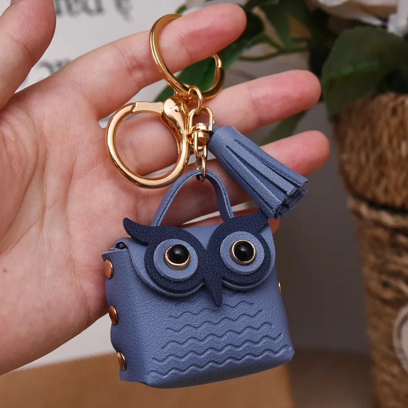 cartoon style owl pu leather metal unisex bag pendant keychain