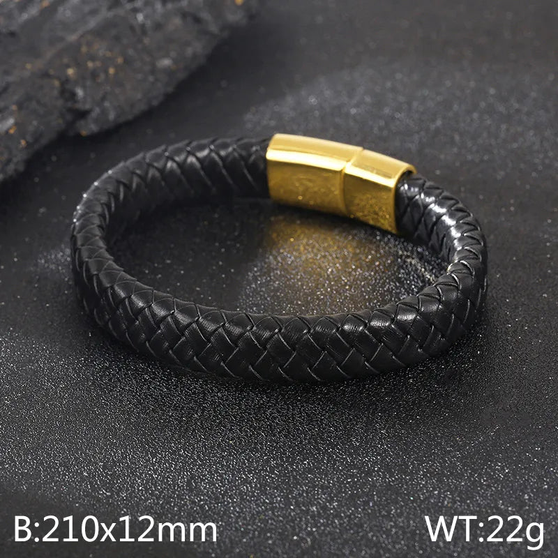 Business Retro Solid Color Stainless Steel Leather 18K Gold Plated Men's Bangle