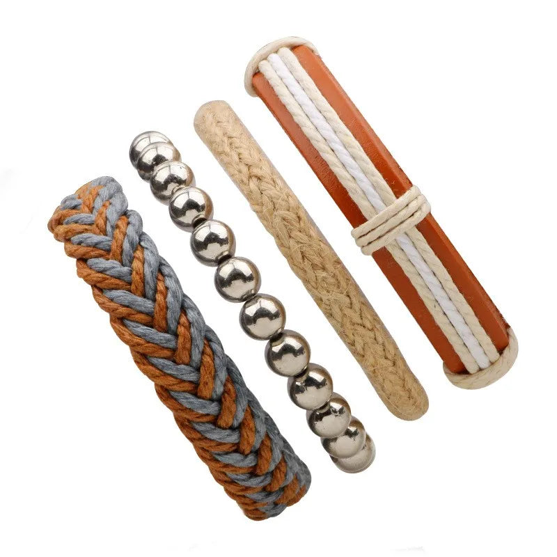 casual letter feather wings pu leather alloy beaded patchwork men's bracelets
