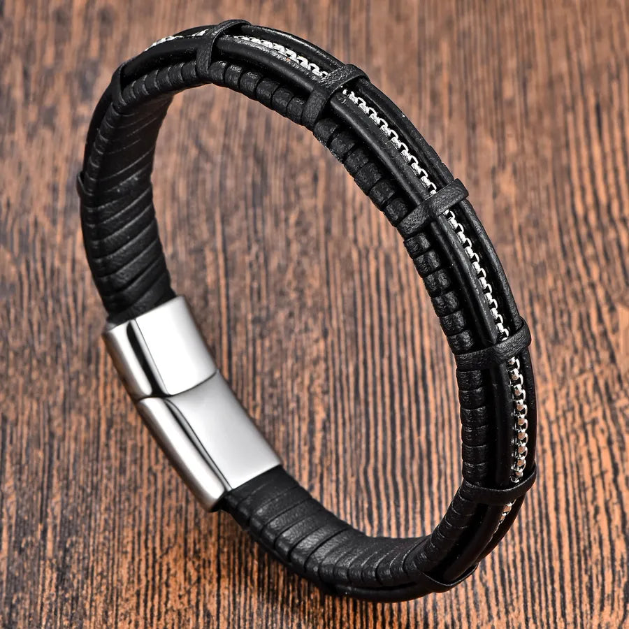 Retro Punk Geometric 316L Stainless Steel  Leather Men's wristband Men Cord & Leather Bracelets