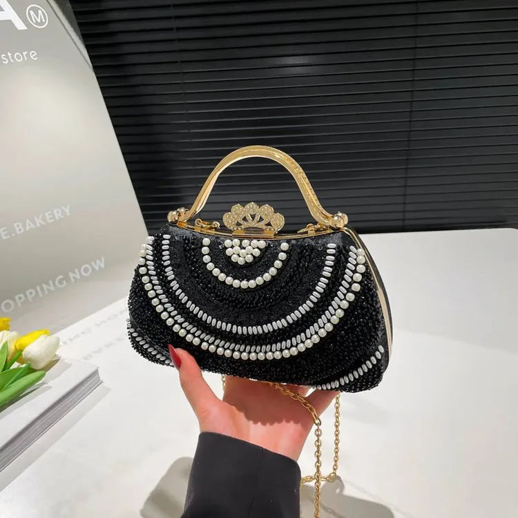 Summer New Beaded Metal Handbag Evening Bag Elegant Bride Clutch Box Bag Fashionable Ladies Chain Shoulder Crossbody Bag