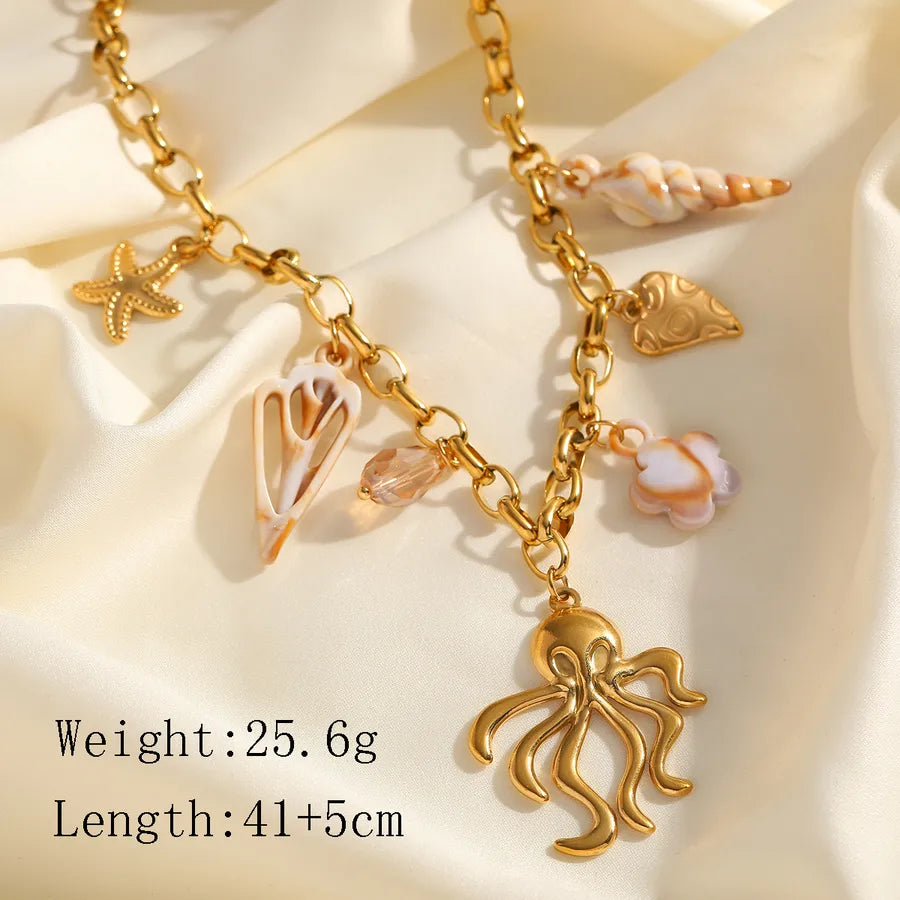 Wholesale Jewelry Casual Elegant Cute Geometric Starfish Conch 304 Stainless Steel Acrylic 18K Gold Plated Plating Inlay cable chain Multi Charms Necklace