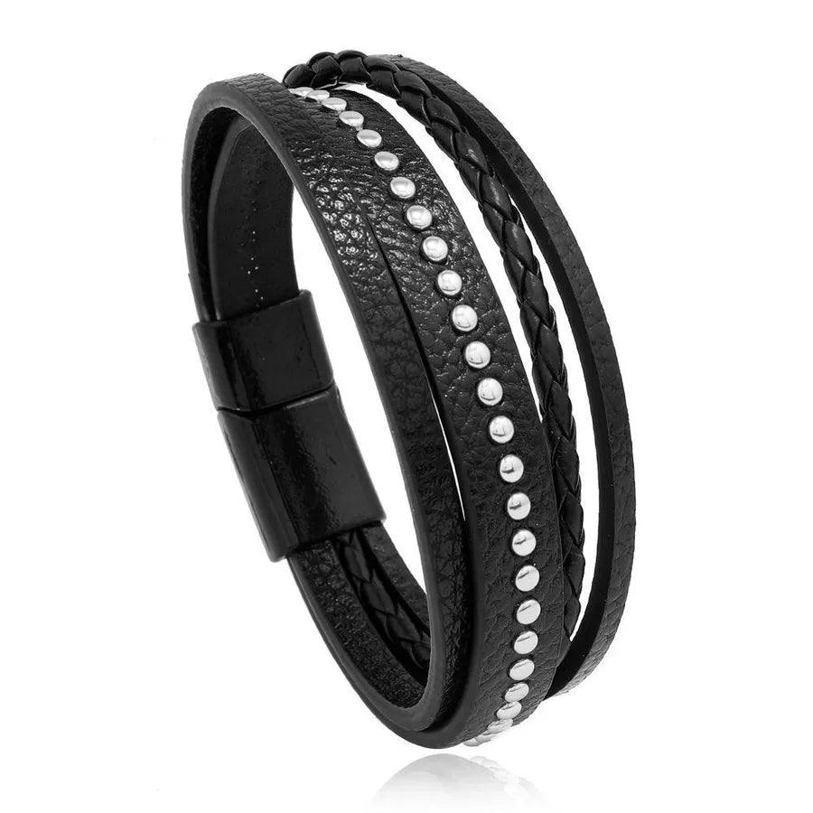 Retro Punk Solid Color Pu Leather Alloy Knitting Men's Bracelets Men Cord & Leather Bracelets