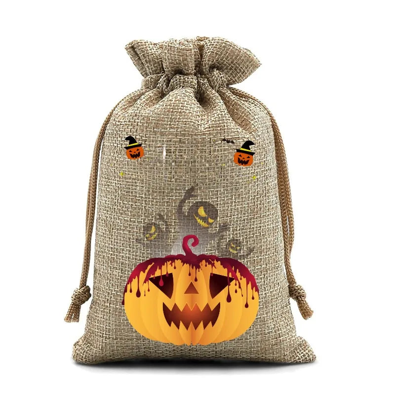 2025 New Halloween Linen Drawstring Gift Bag Pumpkin Shaped Sealed Mouth Bag Cartoon Style Heat Transfer Process Ladies Handbag