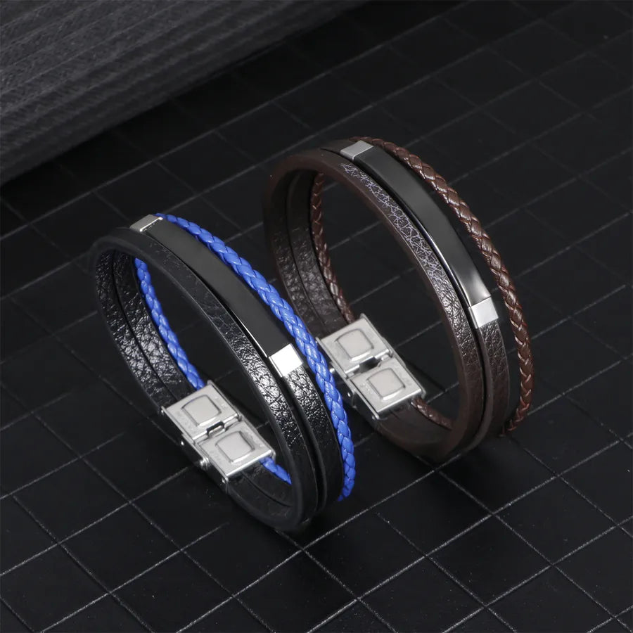 Simple Style Solid Color 304 Stainless Steel Pu Leather Plating Men's Bangle Men Cord & Leather Bracelets