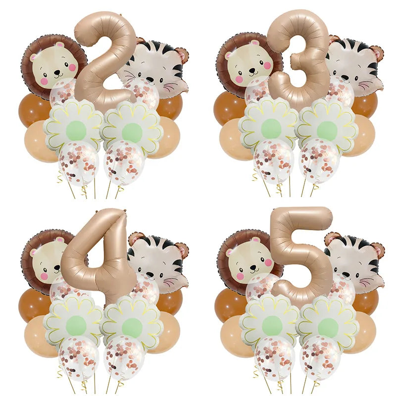 Retro Forest Tiger Lion Animal Balloon Set Caramel Digital Birthday Party Decoration Balloon Aluminum Foil Material