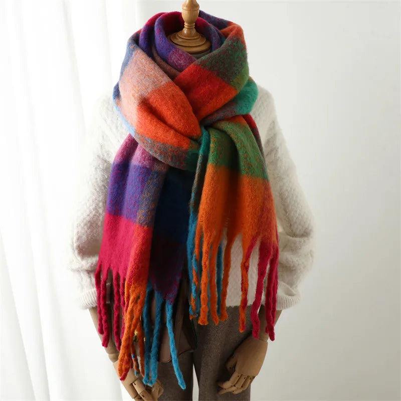 women's casual plaid imitation cashmere tassel scarf