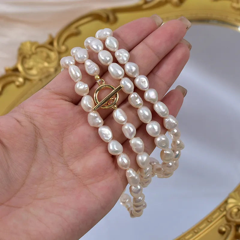 Natural Pearl Necklace Long Casual Women's Fashionable French Vintage Irregular Shape OT Clasp Sweater Chain Jewelry