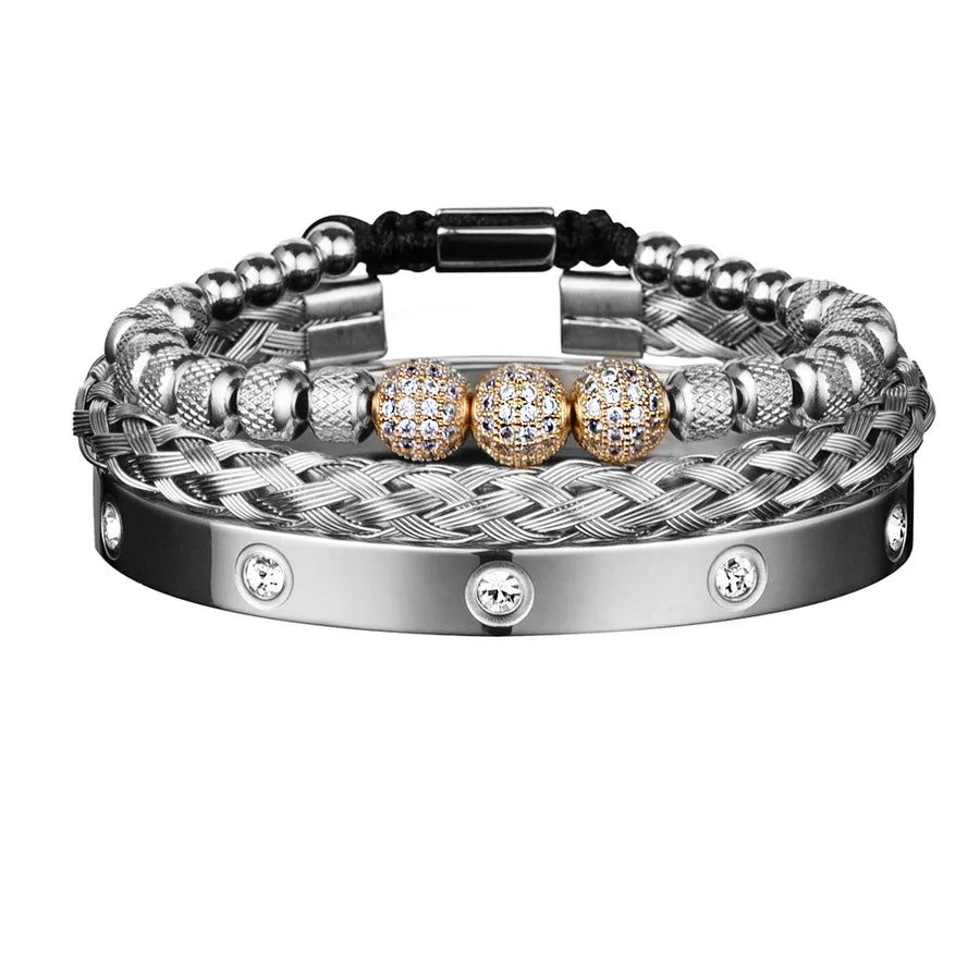 hot sale 3 Diamond Ball ten diamond bracelet set stainless steel mesh bracelet wholesale luxury men's accessories