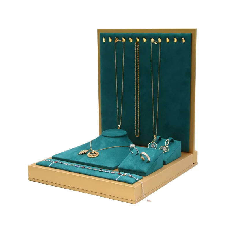 Retro European Style Jewelry Display Stand Set Green Super Suede Double-Sided Necklace Earring Bracelet Holder Velvet Stand