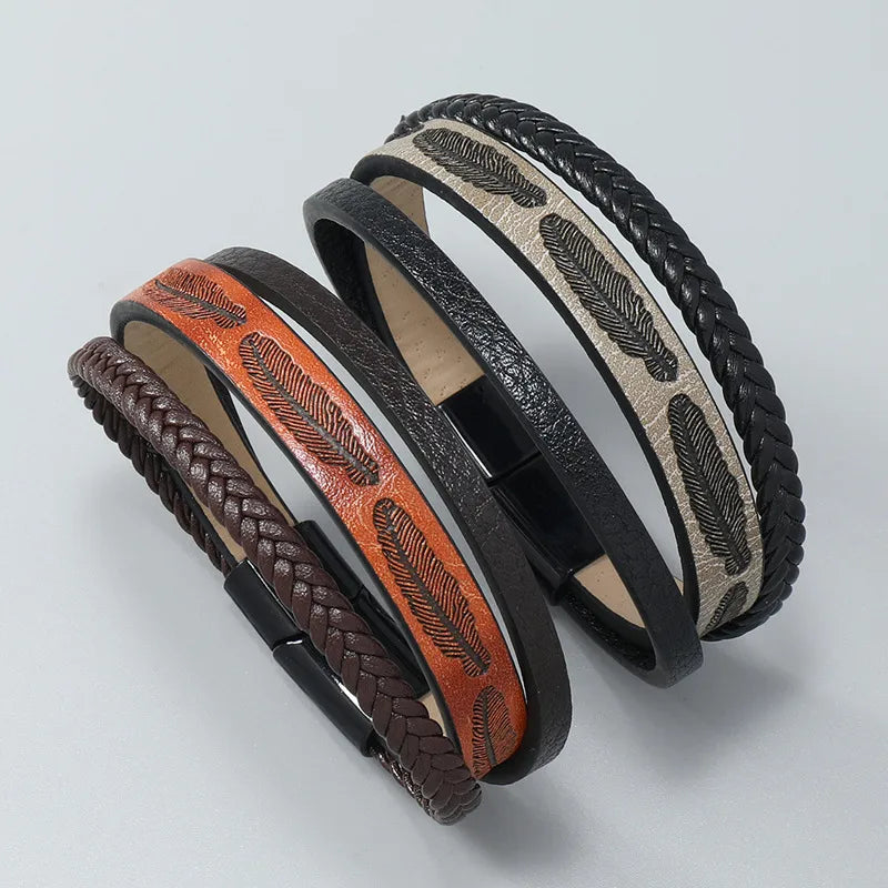 Retro Punk Solid Color Pu Leather Handmade Men's wristband Men Cord & Leather Bracelets