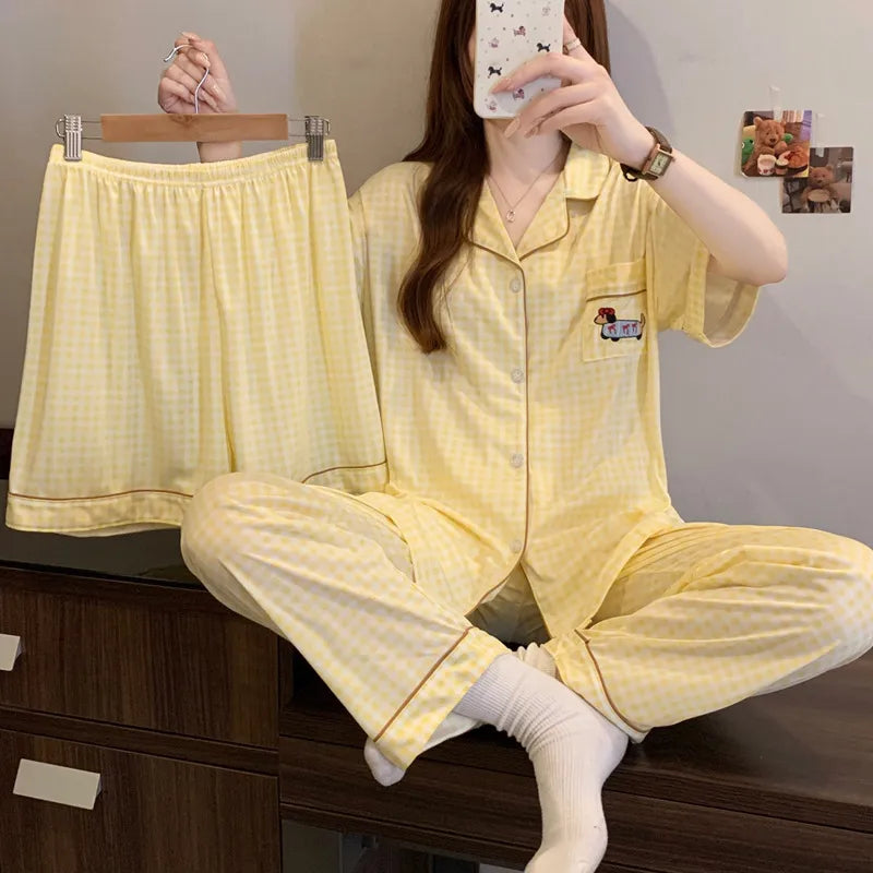 Sweet Heart Plaid Long Sleeve Sleepwear Set Women's Home Clothes Spring Autumn Season Polyester Milk Silk Thin Breathable Casual