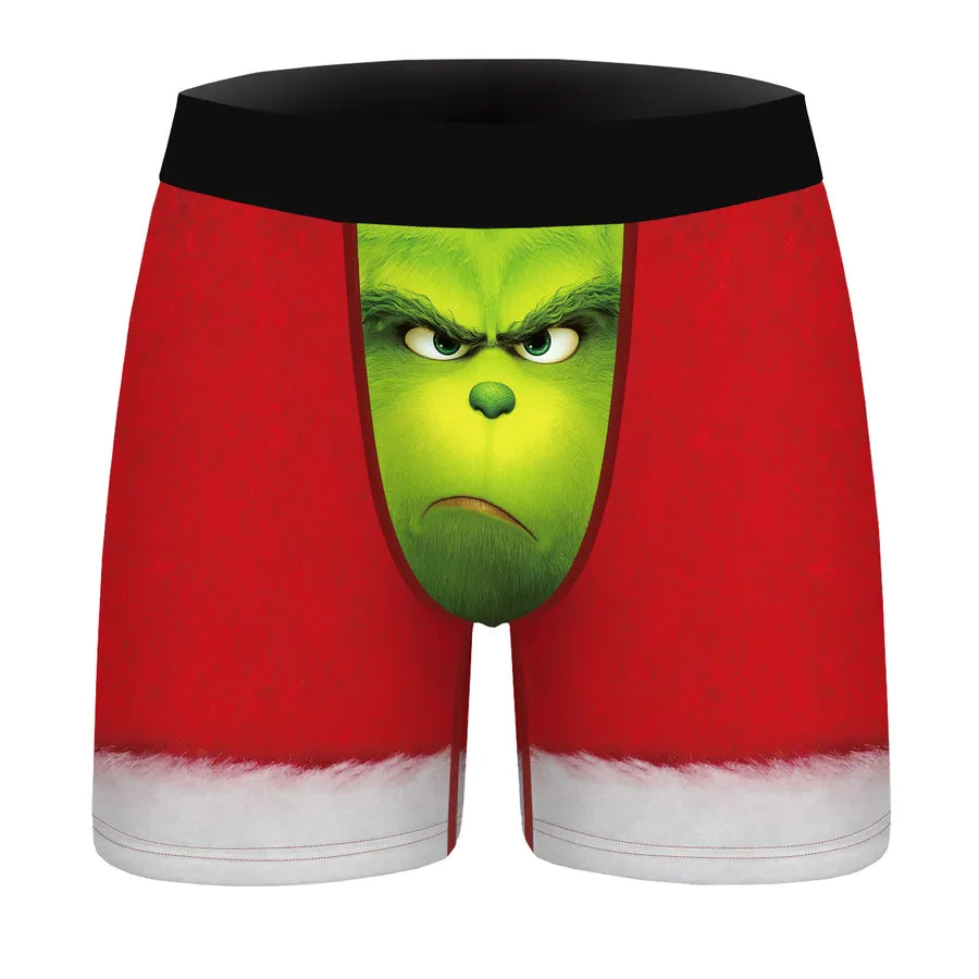 In Stock Wholesale Green Fur Weird Christmas Digital Printing Men's Breathable Underwear Daily Wear Comfortable Stretch Boxers