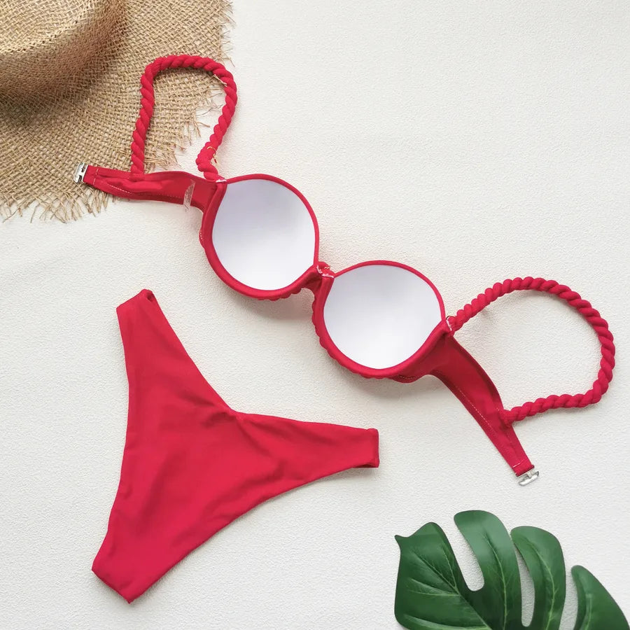 Low Waist Bikini Strap Braided Rope Women's Hard Bag Gathered Color Block Swimsuit Sexy Environmental Pure Color Swimming Suit