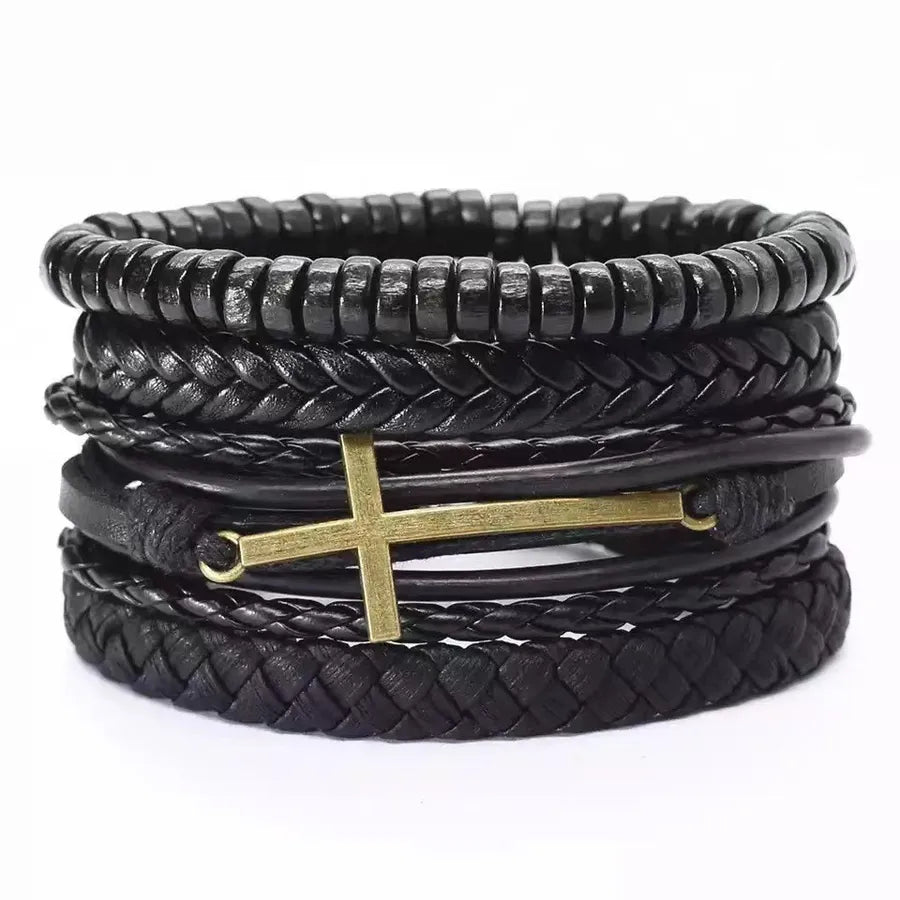 Four-Piece Card Punk Hardware Woven Bracelet Leather Bracelet Multi-Layer Suit Cross Retro Ornament Men's
