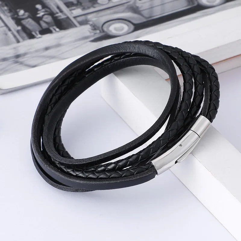 hip-hop retro color block stainless steel pu leather braid men's bangle