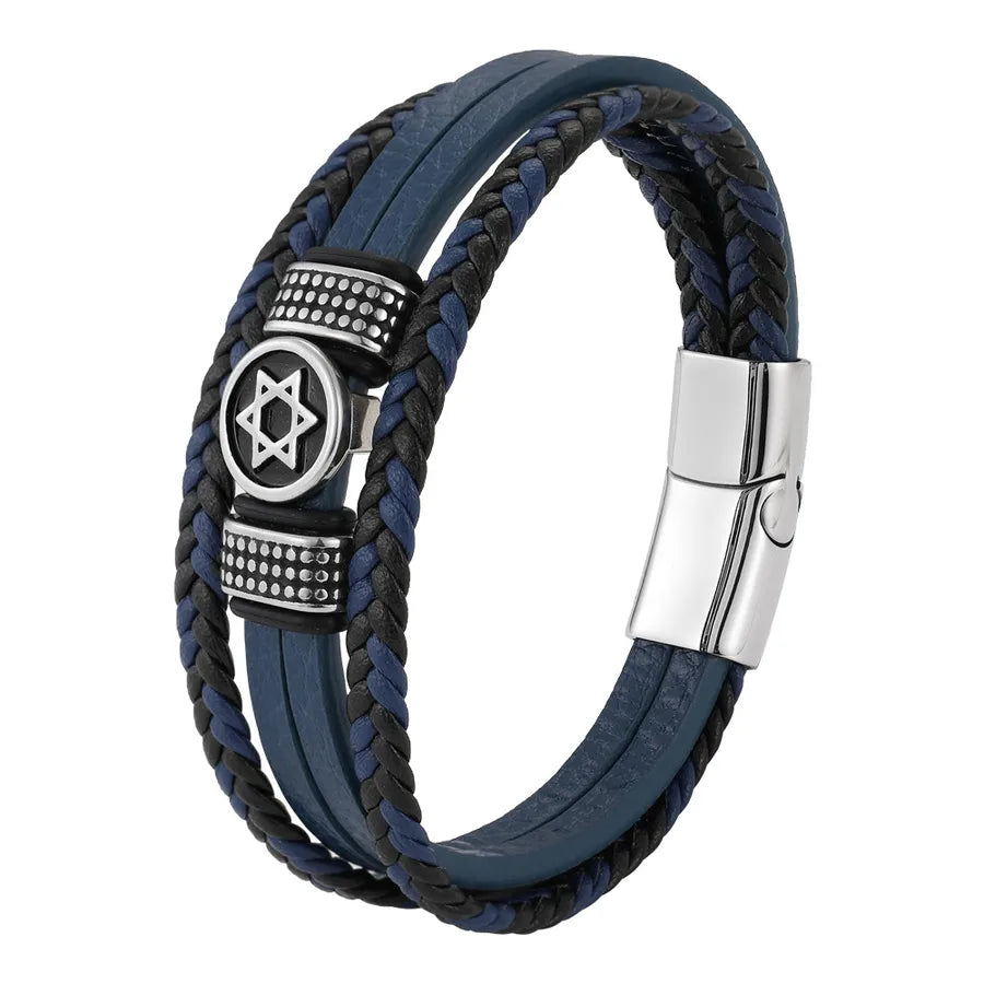 Retro Hexagram Geometric Pu Leather Titanium Steel Woven Chain Wrap Bracelets Wholesale