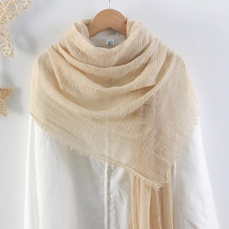 Hot selling solid color pleated cotton and linen scarf  women's bag headscarf crumpled hair fringe bubble scarf women's scarf cover head