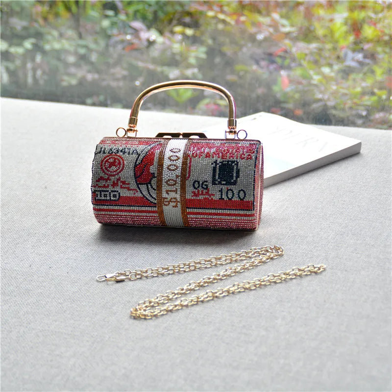 Red Blue Pink Cotton Rhinestone Rubber Drill Color Block Cylindrical Evening Bags