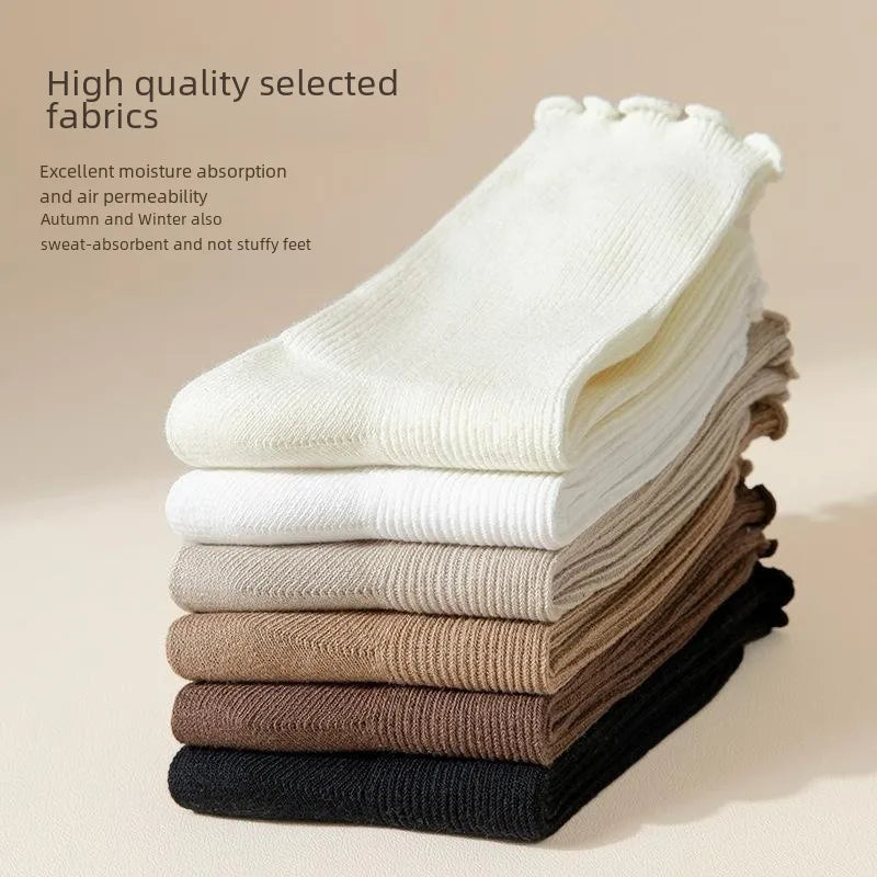 Wooden ear socks women's mid-calf socks summer thin pile socks summer black white autumn stockings loafers fashion