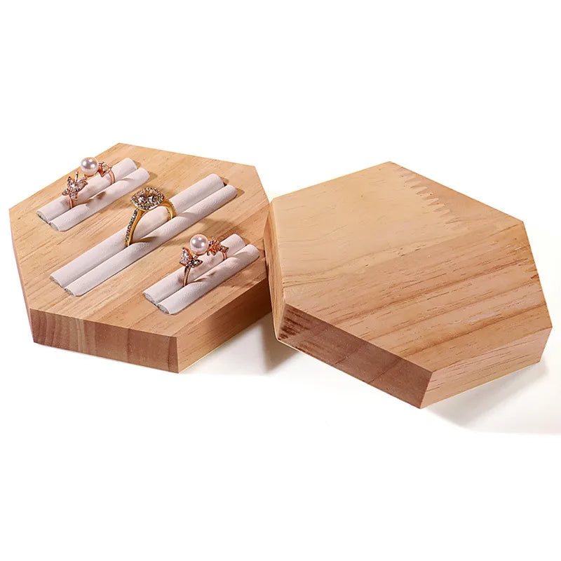 Wooden Jewelry Display Stand Ring Holder Shop Window Props Stall Selling Hexagonal Pattern Real Wood Craft Academic Style