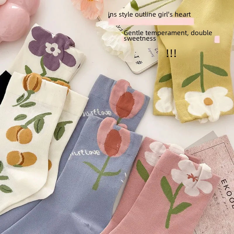 Women's socks autumn and winter New  trendy socks tulip flower women's mid-calf socks Japanese three-dimensional women's socks Zhuji