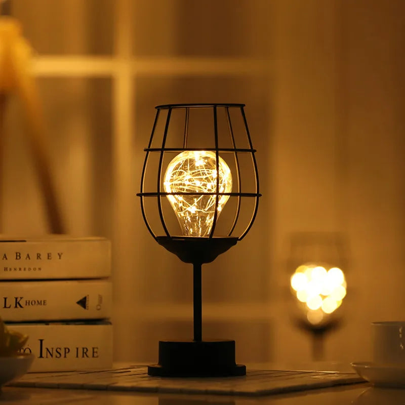 Lantern Night Light Iron Art Wine Bottle Decorative Light Girl Heart LED Decorative Lamp Abstract Pattern Wine Cup Decoration