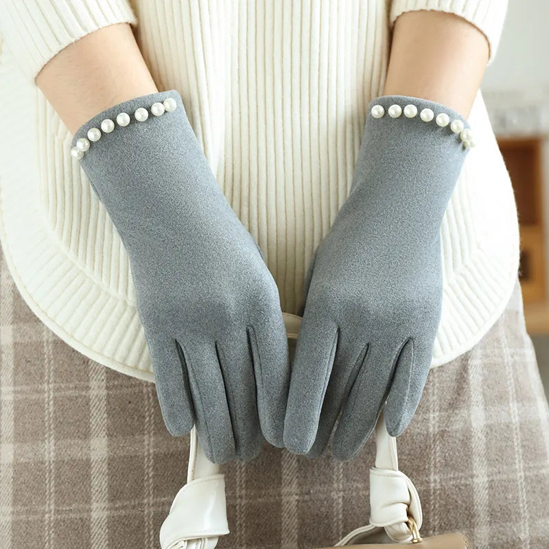 Women's Winter Fleece Lined Touchscreen Gloves Pearl Design Cycling Driving Warm New Style Cold Resistance Handwear
