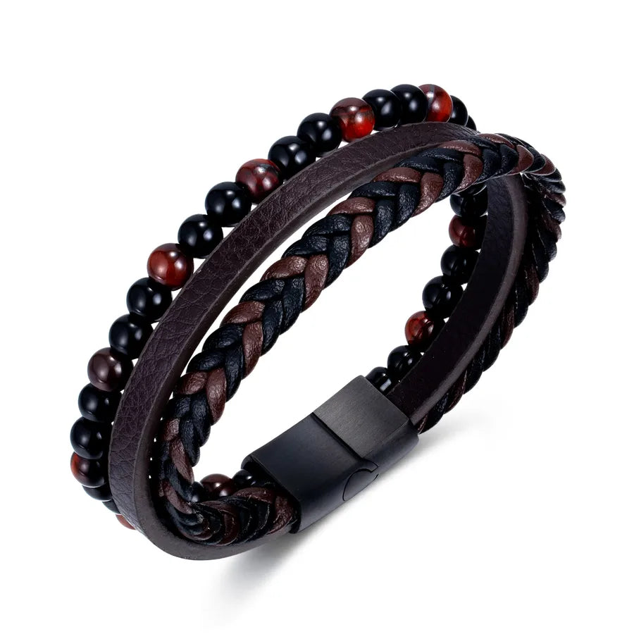 Hip-Hop Vintage Style Round 304 Stainless Steel Pu Leather Braid Artificial Leather Men'S Bracelets