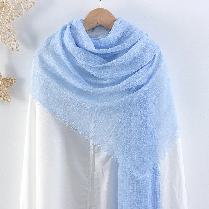 Hot selling solid color pleated cotton and linen scarf  women's bag headscarf crumpled hair fringe bubble scarf women's scarf cover head
