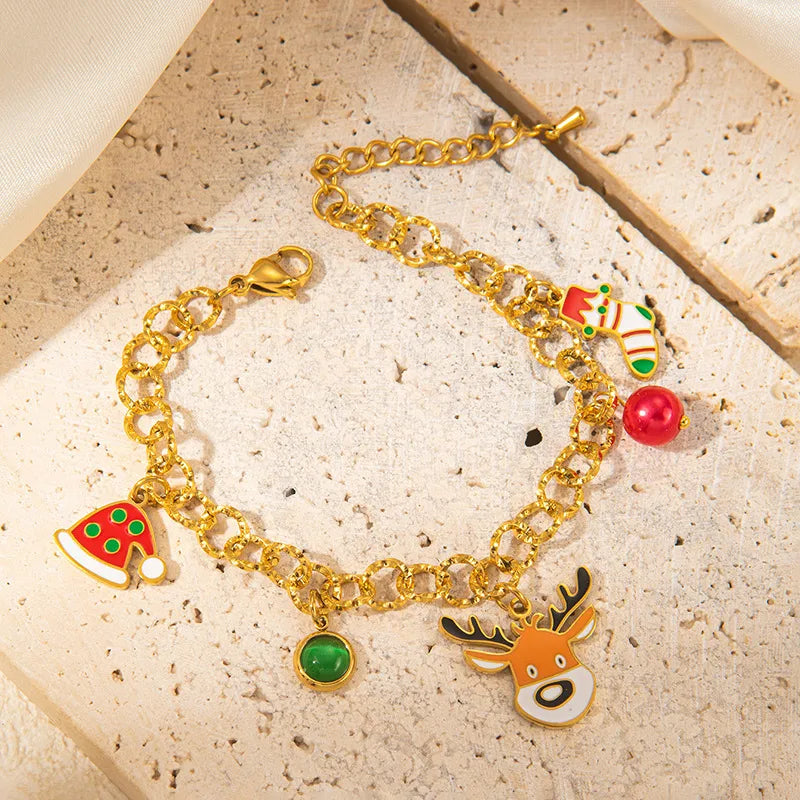 Fashionable Titanium Steel Santa Claus Bracelet With Deer Pendant Cute Christmas Stainless Steel Stylish Hand Jewelry