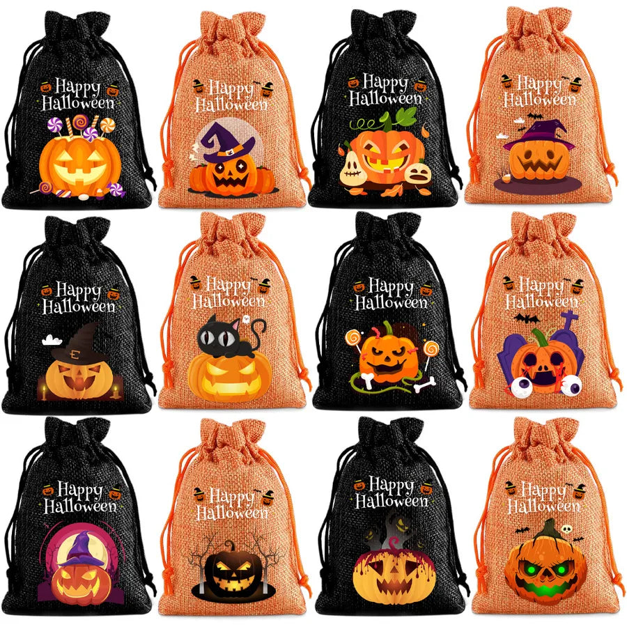 2025 New Halloween Linen Drawstring Gift Bag Pumpkin Shaped Sealed Mouth Bag Cartoon Style Heat Transfer Process Ladies Handbag
