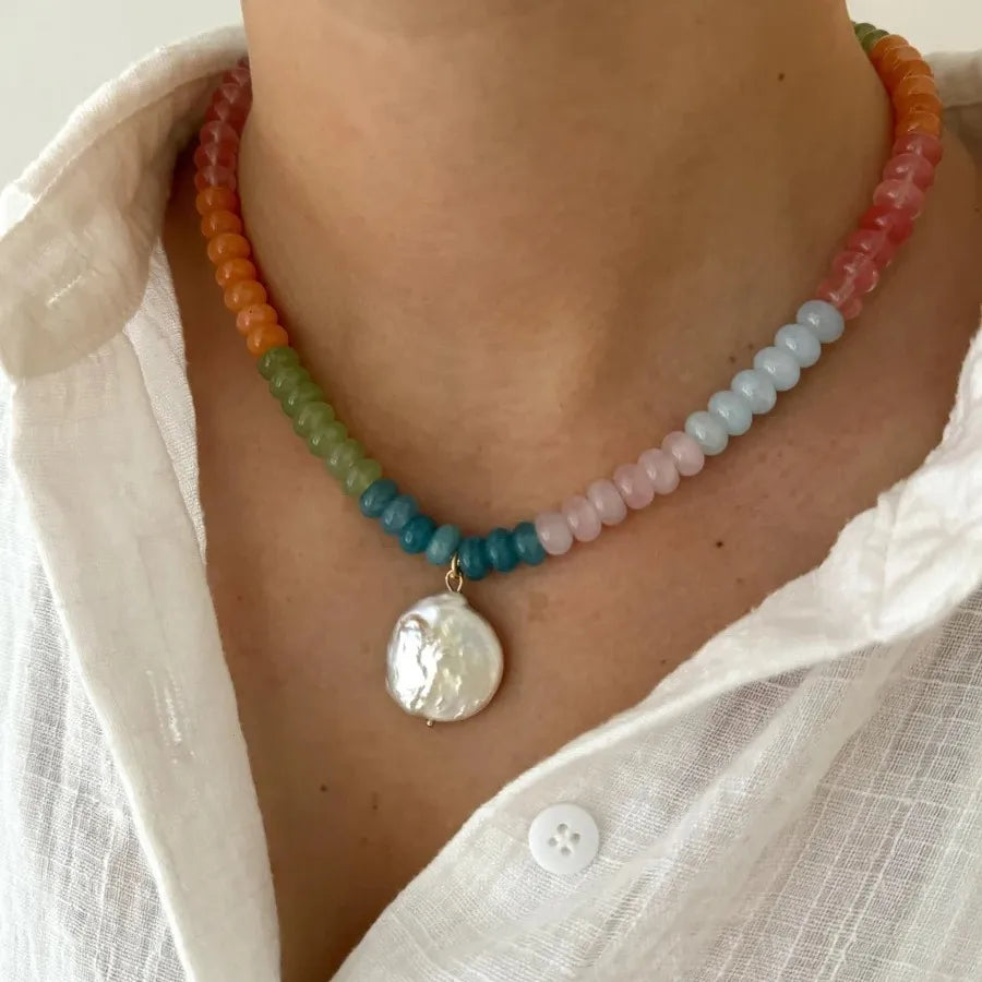 Sweet Geometric natural stone Titanium Steel Necklace In Bulk