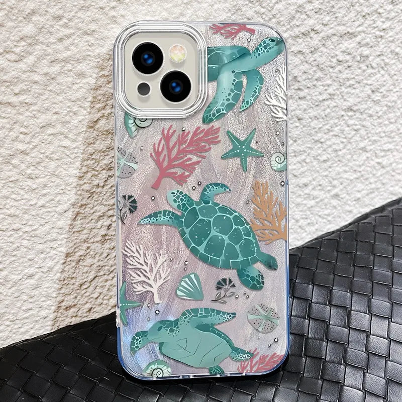 Blue Green Turtle Starfish Phone Case Compatible With Apple 16promax 15Plus 14 Personalized 13 12 Sets Cute Frosted PC Shell
