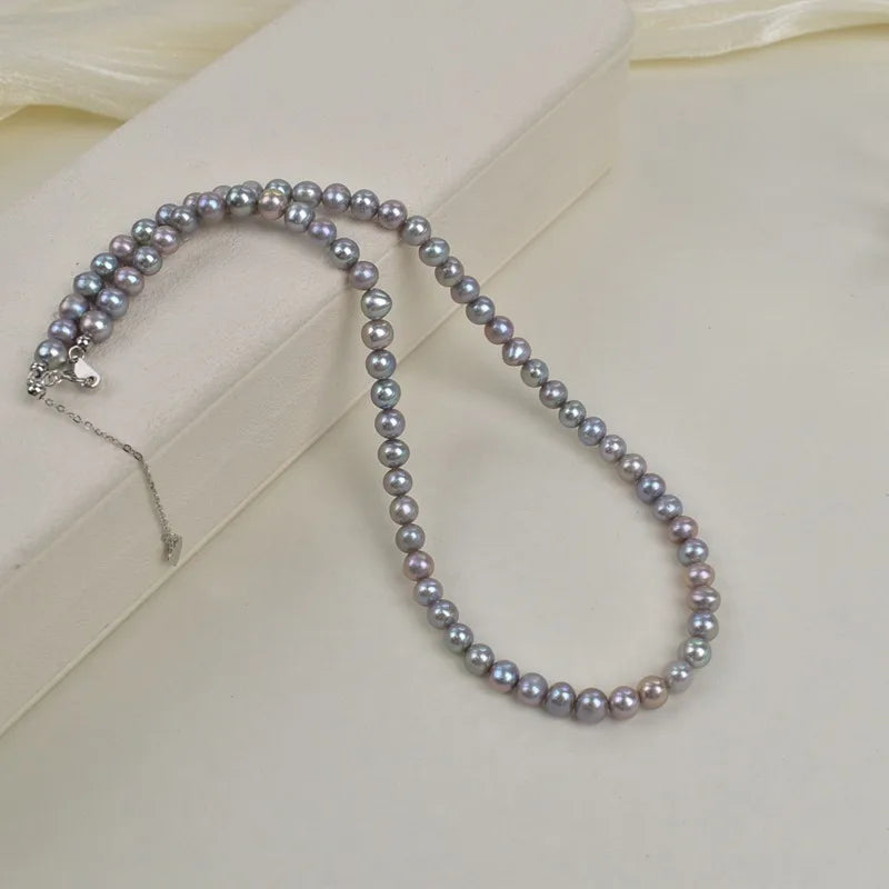 Natural Freshwater Pearl Necklace For Women S925 Silver Grey Versatile Simplicity Lobster Clasp Choker Fake Saltwater Real Hemp