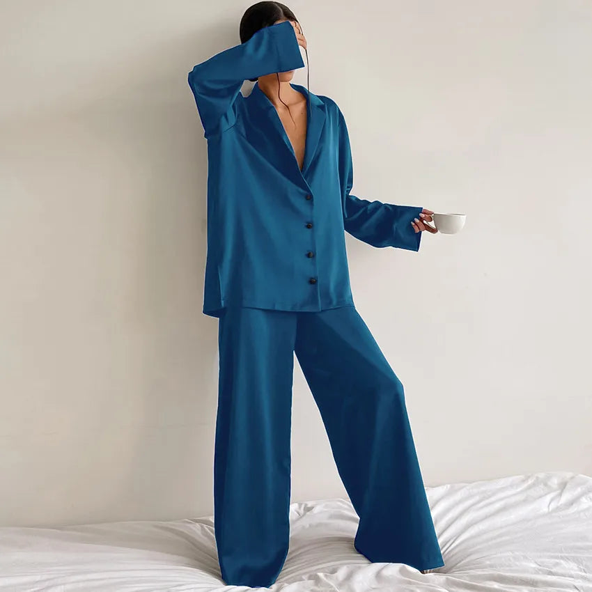 women's fashion solid color imitated silk polyester pants sets