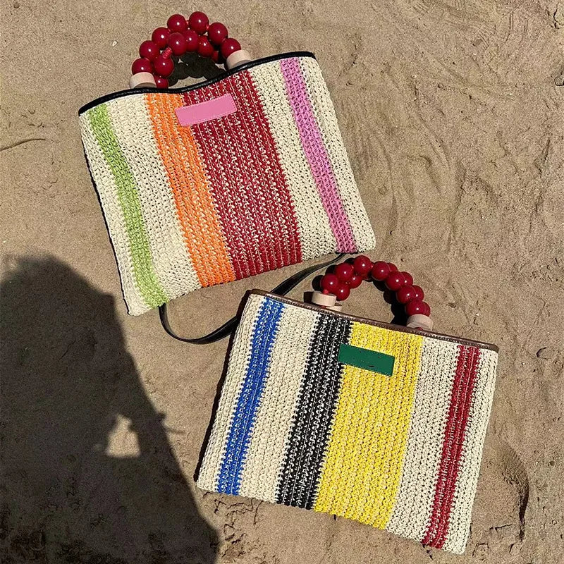 Women's Pu Leather Stripe Classic Style Beading Weave Square Magnetic Buckle Handbag