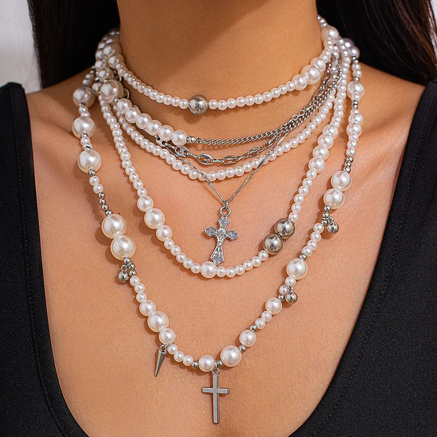 Punk Streetwear Cross Imitation Pearl Alloy Iron Beaded Chain Layered Necklaces Wholesale