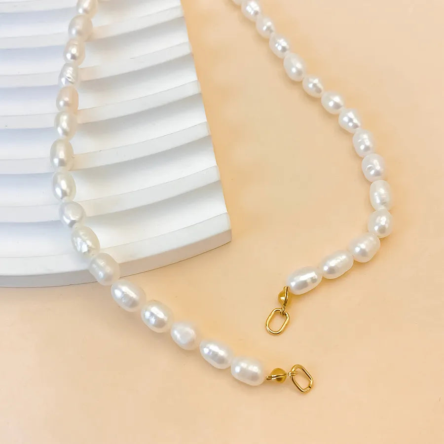 316 Stainless Steel  Freshwater Pearl Beaded Chain Geometric Necklace