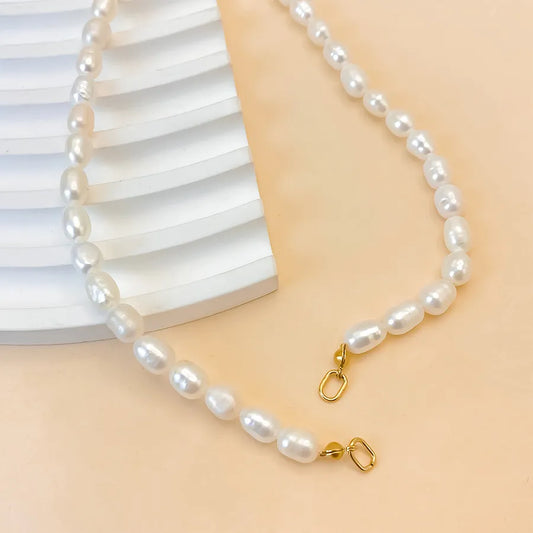 316 Stainless Steel  Freshwater Pearl Beaded Chain Geometric Necklace