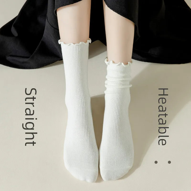 Wooden ear socks women's mid-calf socks summer thin pile socks summer black white autumn stockings loafers fashion