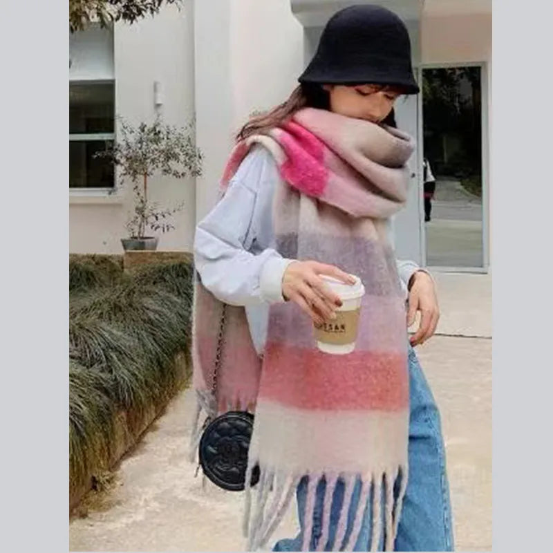 women's fashion stripe polyester tassel winter scarves