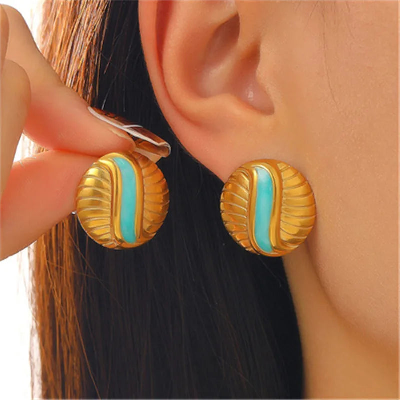 Casual Streetwear Geometric Plating 316 Stainless Steel  December Birthstone Turquoise Zircon 18K Gold Plated Bullet Backs Ear Studs