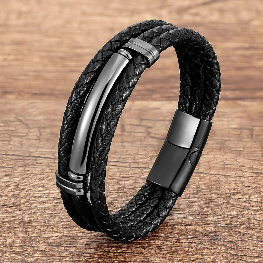 punk modern style geometric stainless steel pu leather men's bracelets
