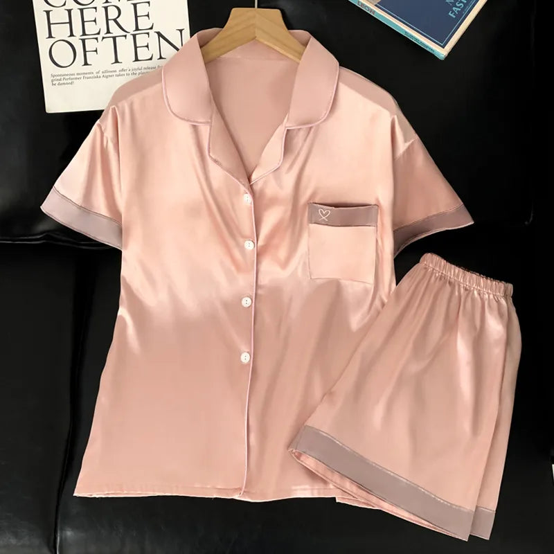 Home Women's Casual Heart Shape Satin Shorts Sets Pajama Sets